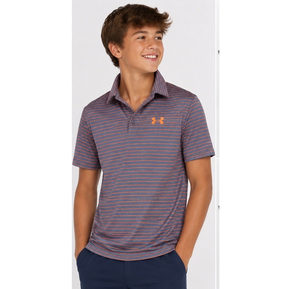 Under Armour Boys HeatGear Loose Fit Striped Polo Shirt Blue Orange YMD Medium